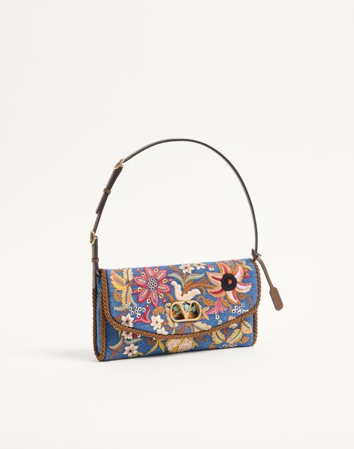 Valentino Garavani - Valentino Garavani Devain Small Shoulder Bag In Embroidered Denim - Denim/multicolour - Woman - Shoulder Bags